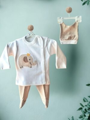 Bej Taçlı Fil Detaylı 3'lü Yenidoğan Bebek Takımı – Elephant Tales