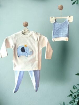 Mavi Taçlı Fil Detaylı 3'lü Yenidoğan Bebek Takımı – Elephant Tales