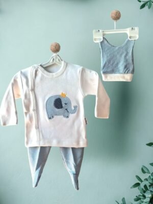 Yeşil Taçlı Fil Detaylı 3'lü Yenidoğan Bebek Takımı – Elephant Tales