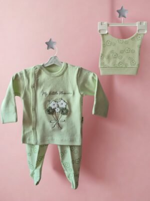 Çiçek Desenli 3'lü Yeşil Yenidoğan Takımı – Green Bloom