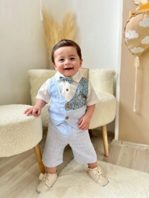 Erkek Bebek Bayramlık Papyonlu Keten Takım - Mavi Yelek Detaylı 2 Parça Yazlık Kombin (Kopya)