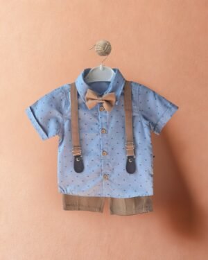 Erkek Çocuk Dörtlü Takım Gözlük Hediyeli - Mavi Gömlek, Papyon, Askılı Kapri Pantolon