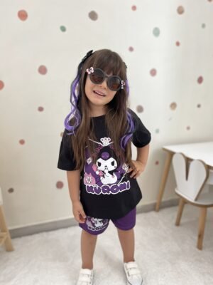 🎀 Kuromi Kız Çocuk Şortlu Takım – Siyah/Mor